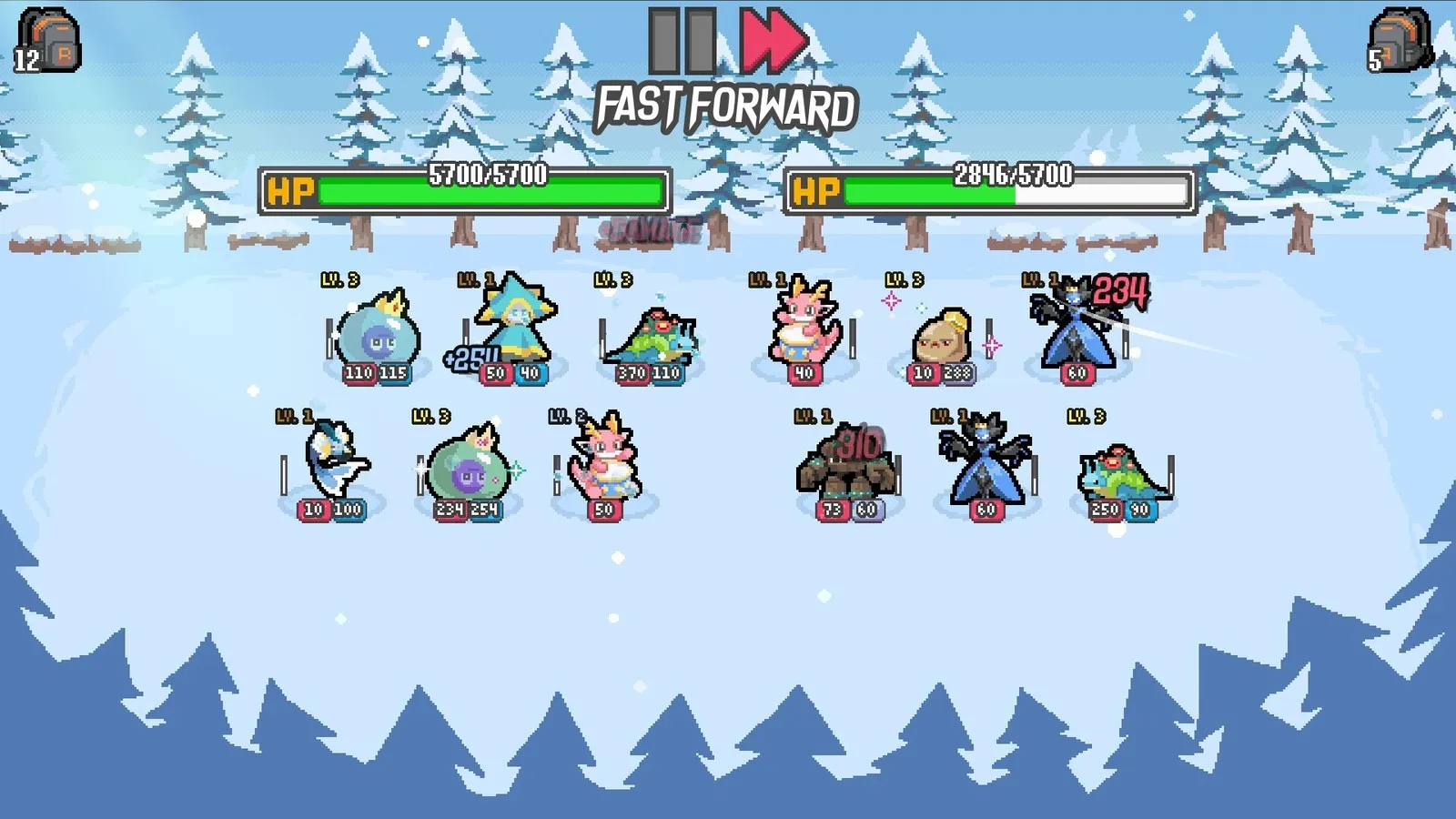 Batomon Showdown snow field battle with both sides at roughly 750 team HP and eight Batomon each