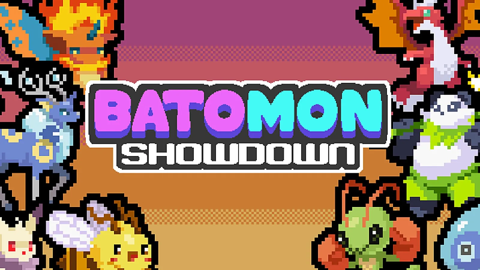 Batomon Showdown mobile announcement banner with a row of pixel creatures beside the game logo