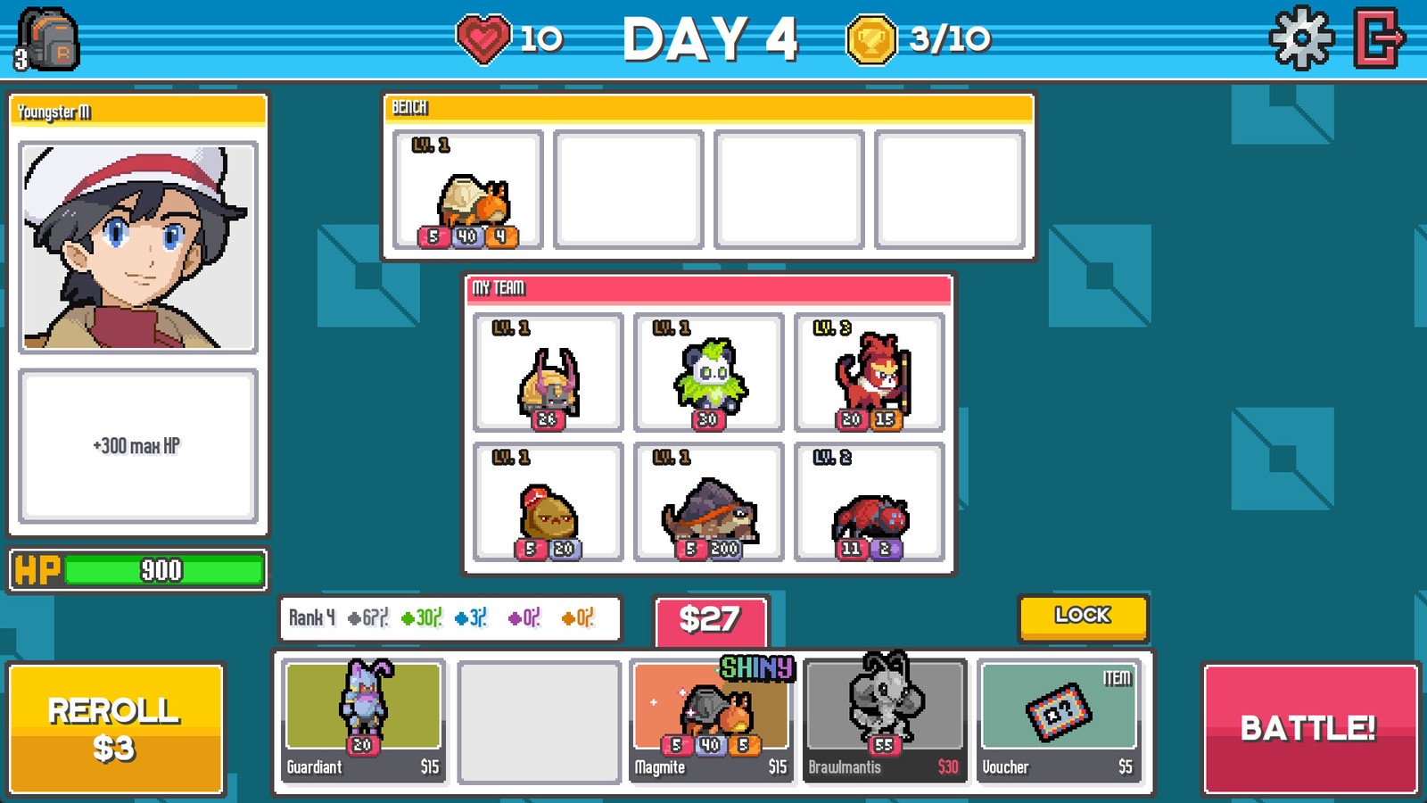 Batomon Showdown day 4 shop screen with a level 2 team and 3 of 10 wins